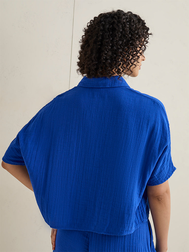 Wunderlove Blue Crinkle-Textured Cotton Beach Shirt