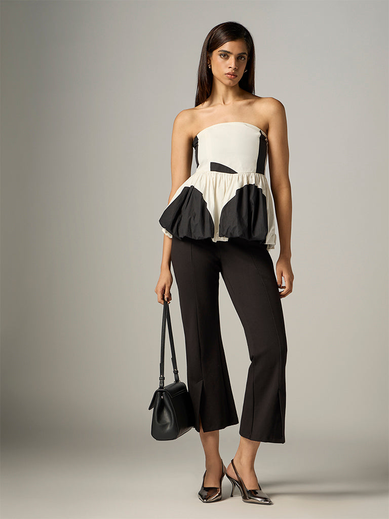 Wardrobe Ivory Colour-Blocked Peplum Cotton Top