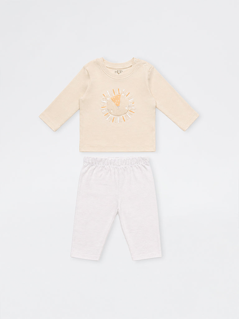 HOP Baby Boys Light Beige Animal Embroidered Cotton T-Shirt and Pants Set