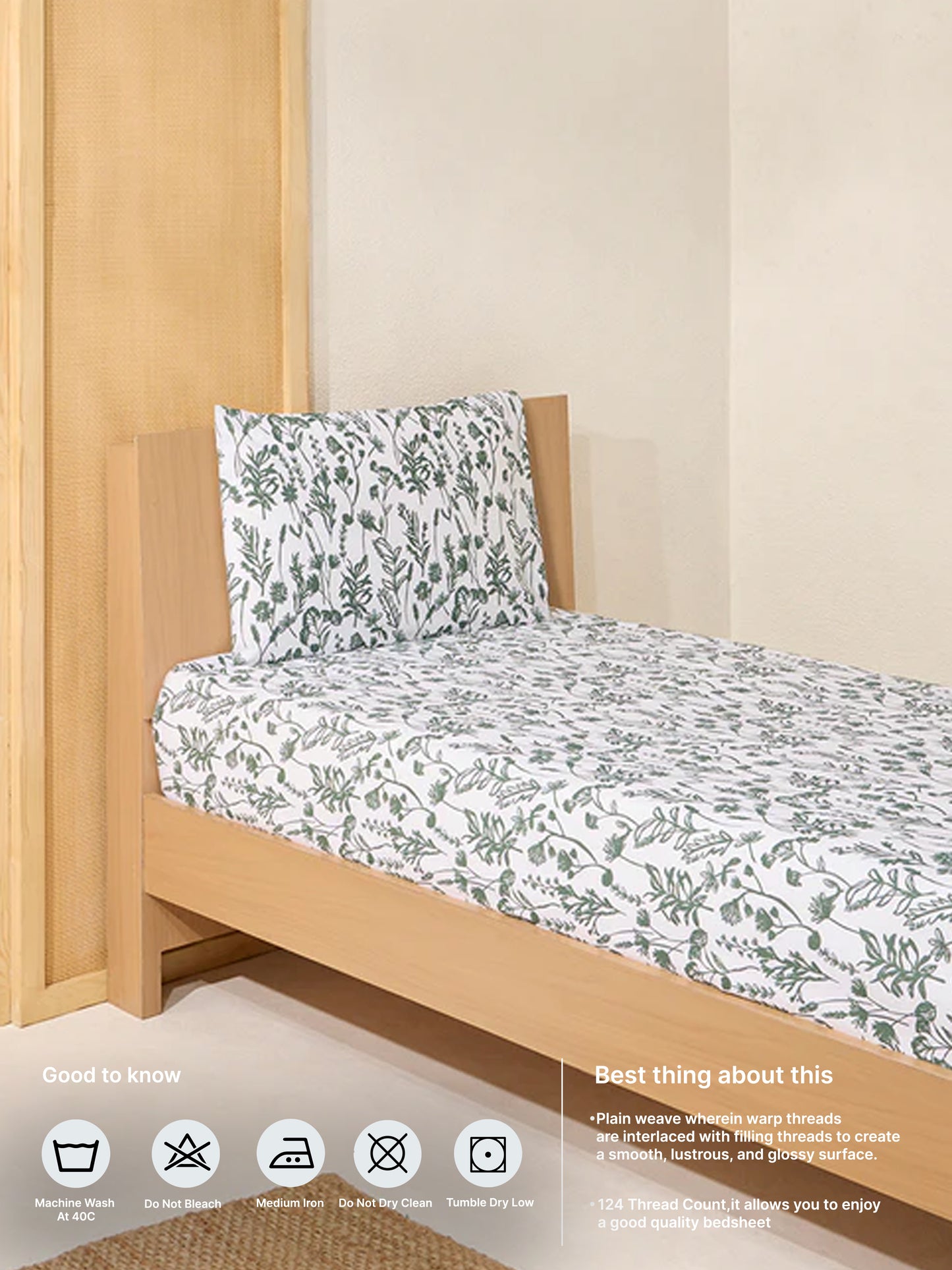 Westside Home Dark Green Print Single Bed Flat Sheet and Pillowcase Set