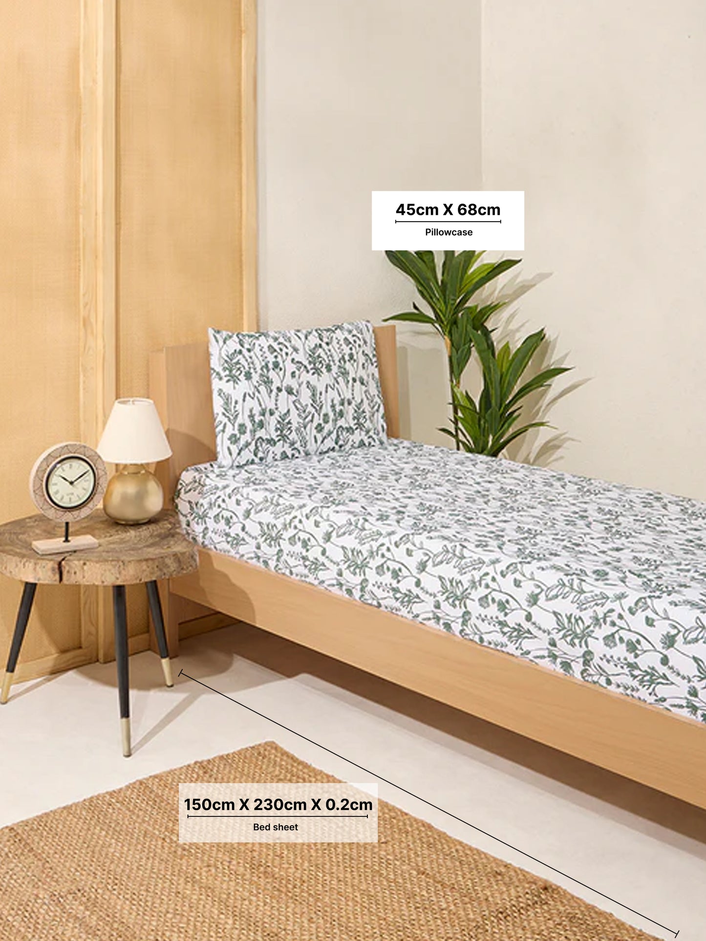 Westside Home Dark Green Print Single Bed Flat Sheet and Pillowcase Set