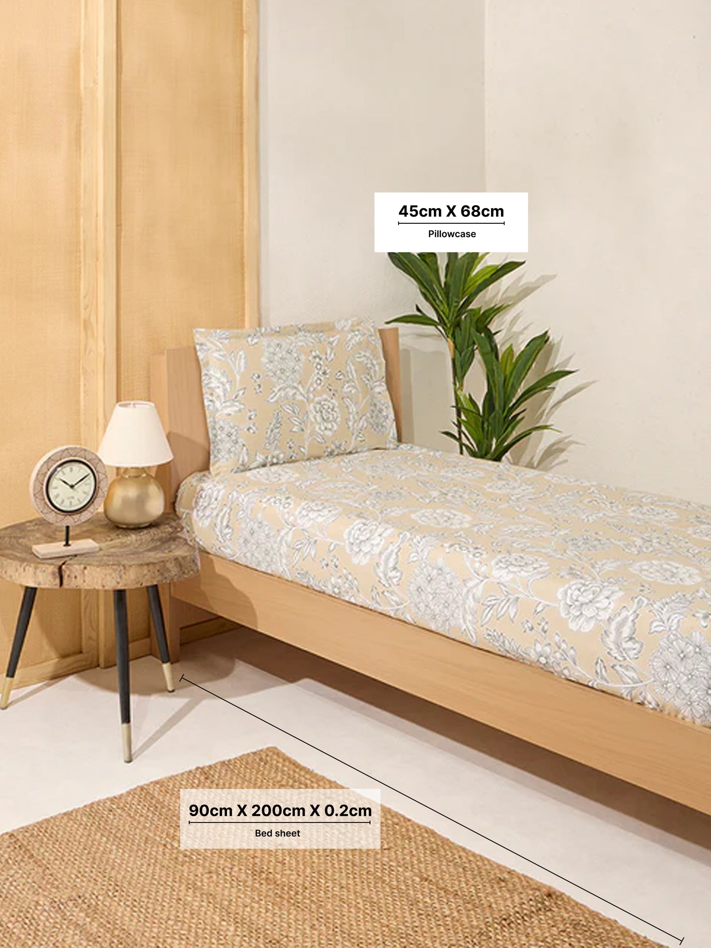 Westside Home Beige Printed Single Bed Fitted Sheet and Pillowcase Set