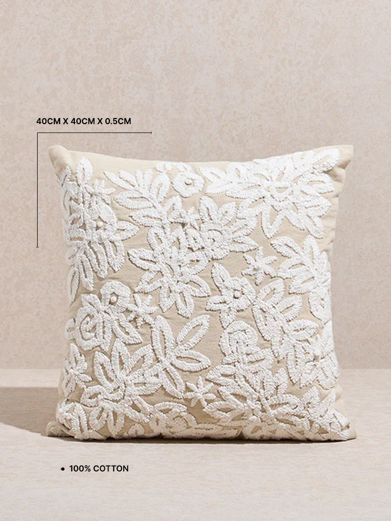 Westside Home Beige Floral Embroidered Cushion Cover