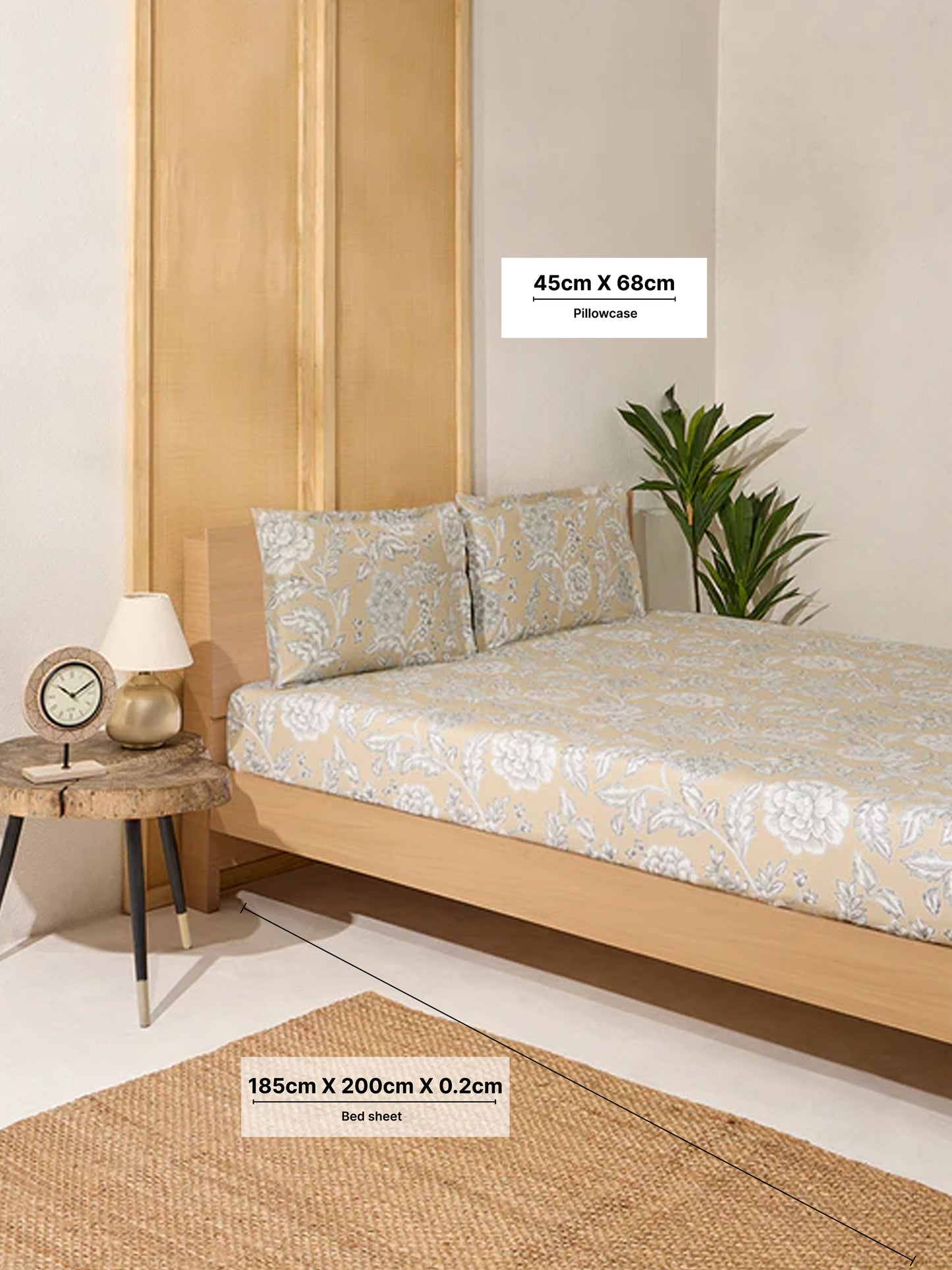 Westside Home Beige Printed King Bed Fitted Sheet and Pillowcase Set