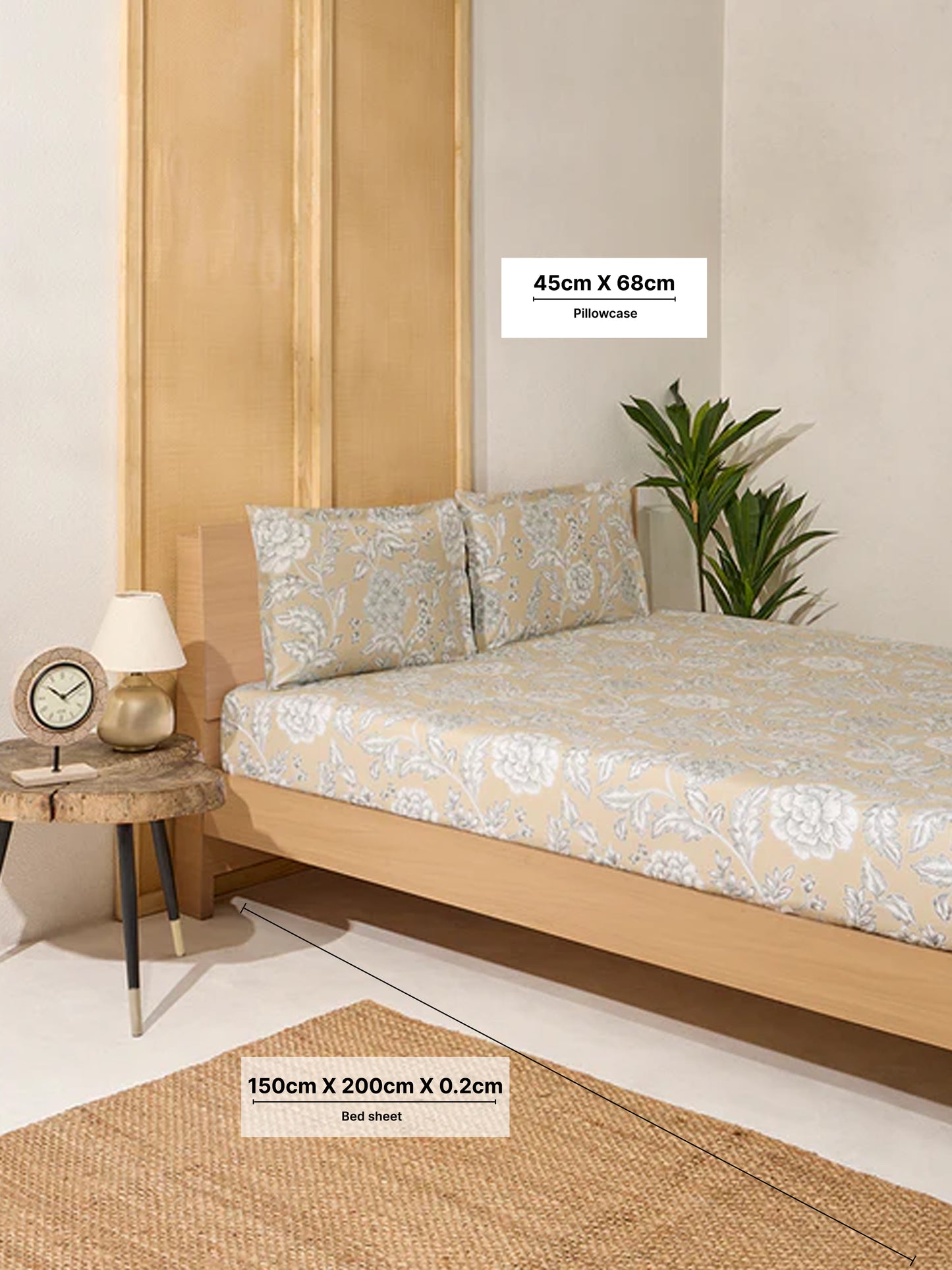 Westside Home Beige Printed Double Bed Fitted Sheet and Pillowcase Set