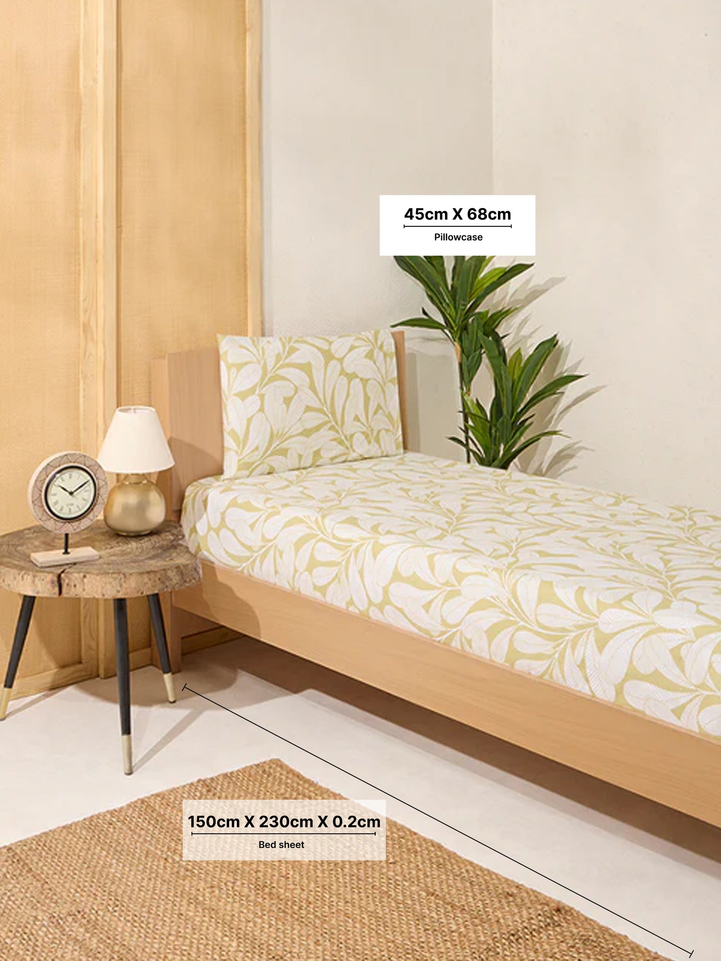 Westside Home Green Leaf Print Single Bed Flat Sheet and Pillowcase Set