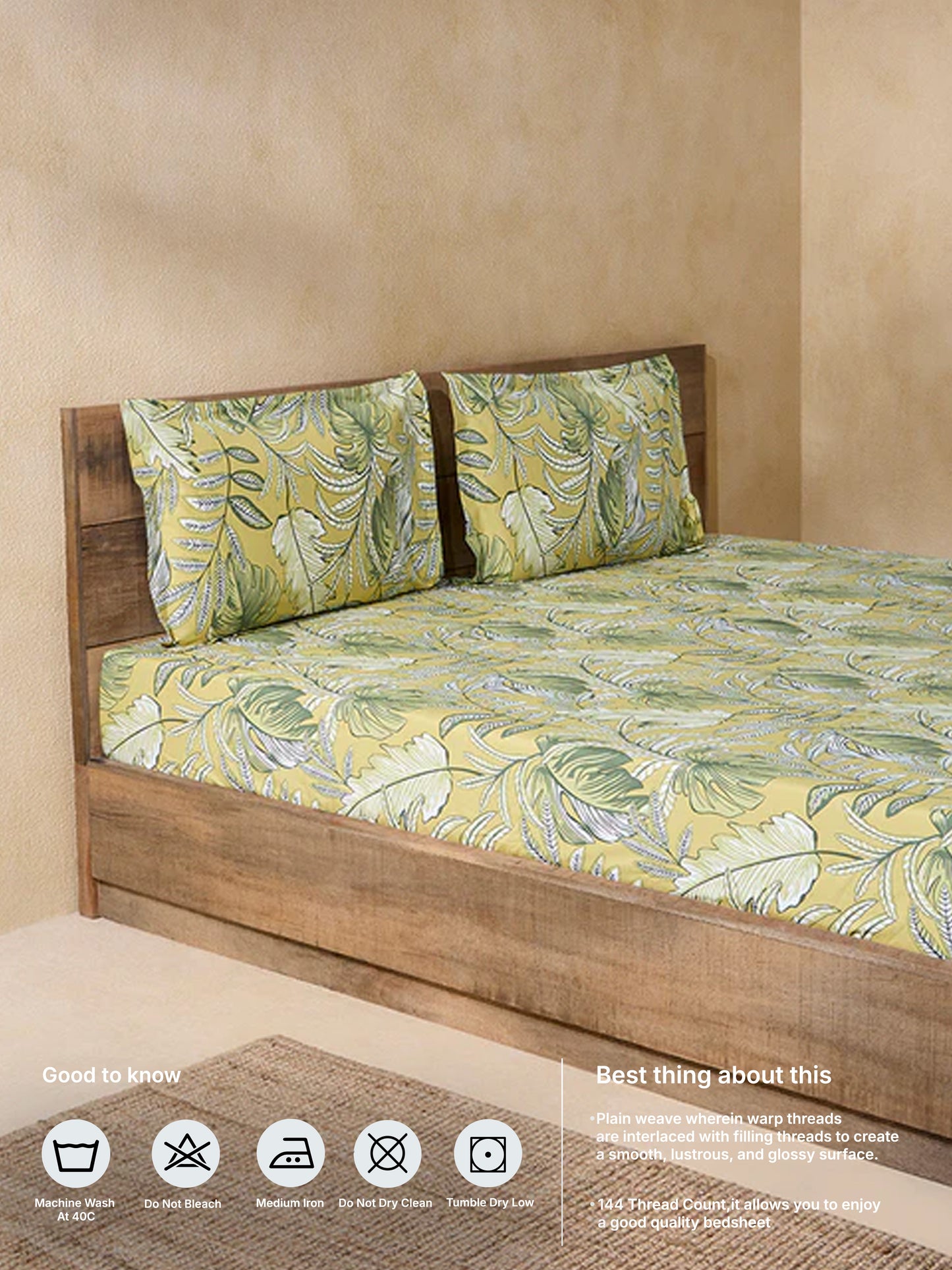 Westside Home Yellow Printed King Bed Fitted Sheet and Pillowcase Set