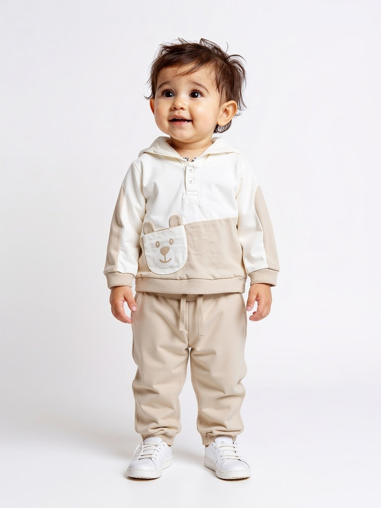 Westside HOP Baby Boys Beige Animal Printed Cotton Sweatshirt with Joggers Set for Winter Wear Full View