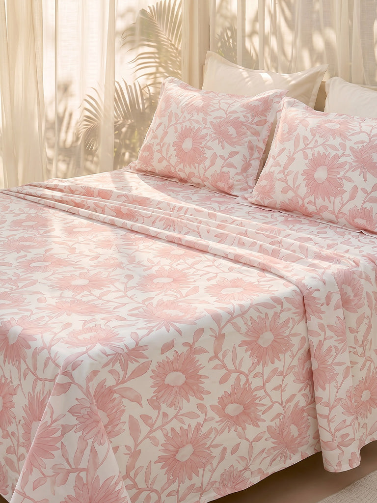 Westside Home Pink Sunflower Printed King Bed Sheet Set