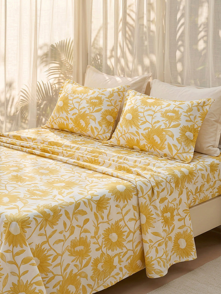 Westside Home Yellow Sunflower Pattern Queen Bed Sheet Set