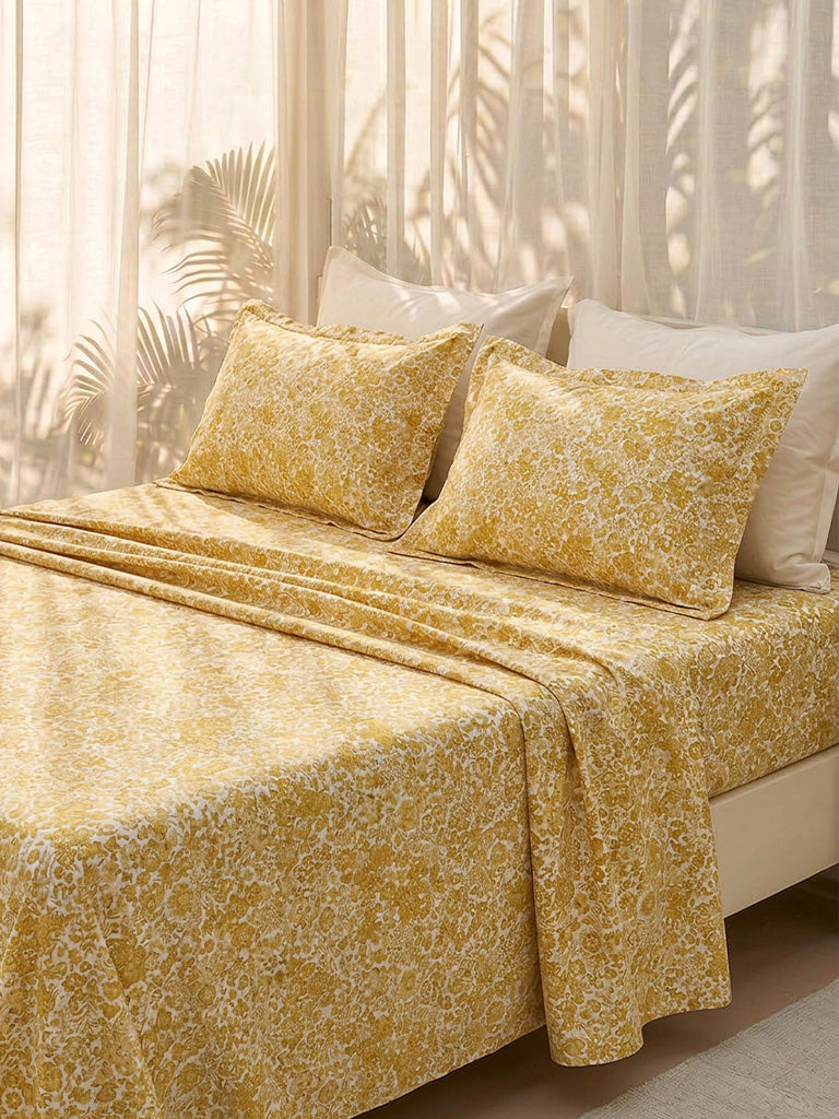 Westside Home Yellow Floral Pattern King Bed Sheet Set