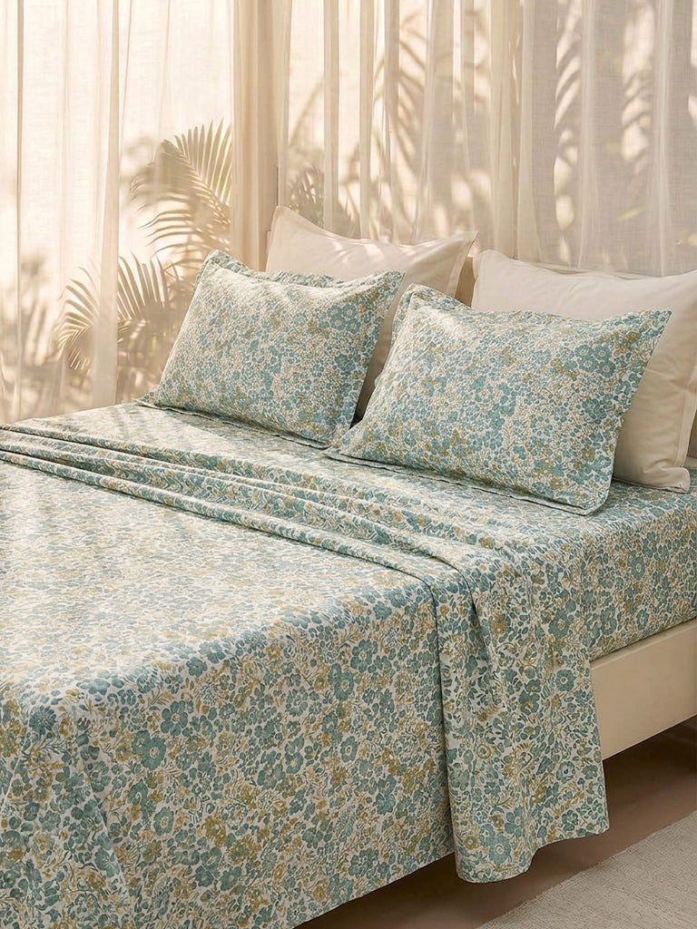 Westside Home Dusty Blue Floral Printed Queen Bed Sheet Set
