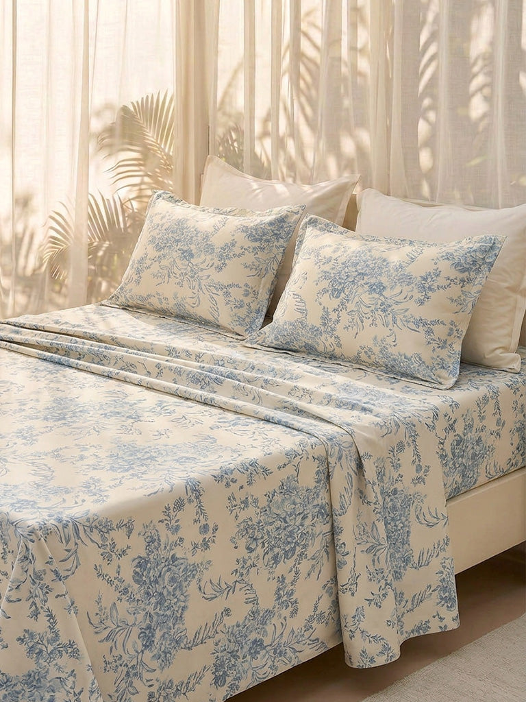 Westside Home Dusty Blue Floral Design Queen Bed Sheet Set