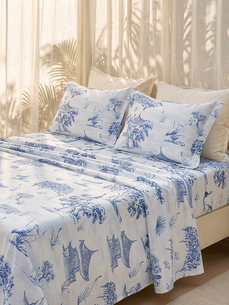 Westside Home Dusty Blue Toile Printed King Bed Sheet Set