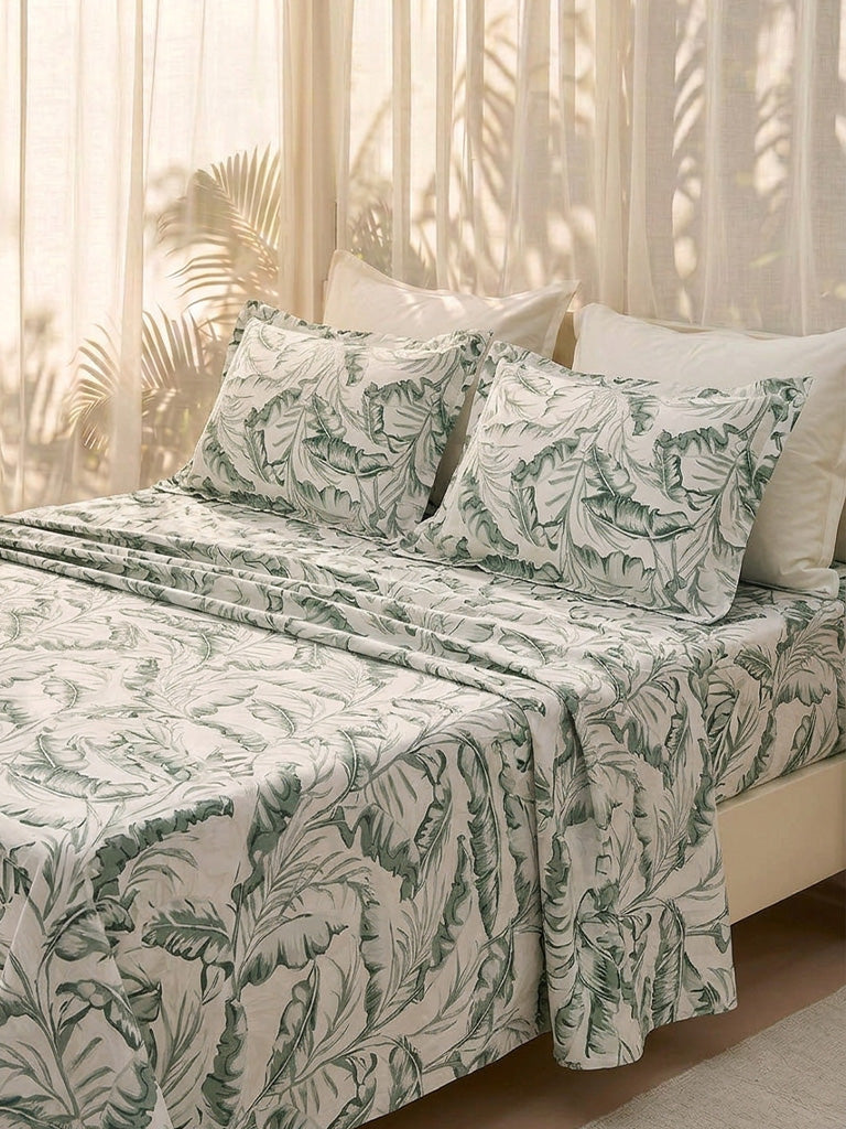 Westside Home Sage Leaf Printed Queen Bed Sheet Set