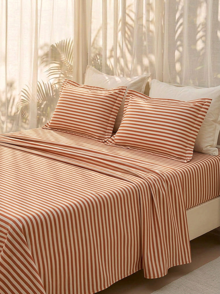 Westside Home Orange Stripe Printed Queen Bed Sheet Set