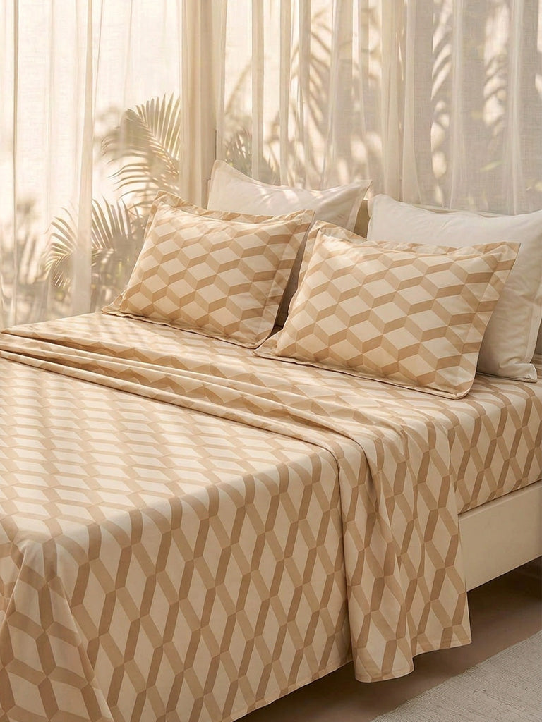 Westside Home Beige Rhombus Printed Fitted Queen Bed Sheet Set