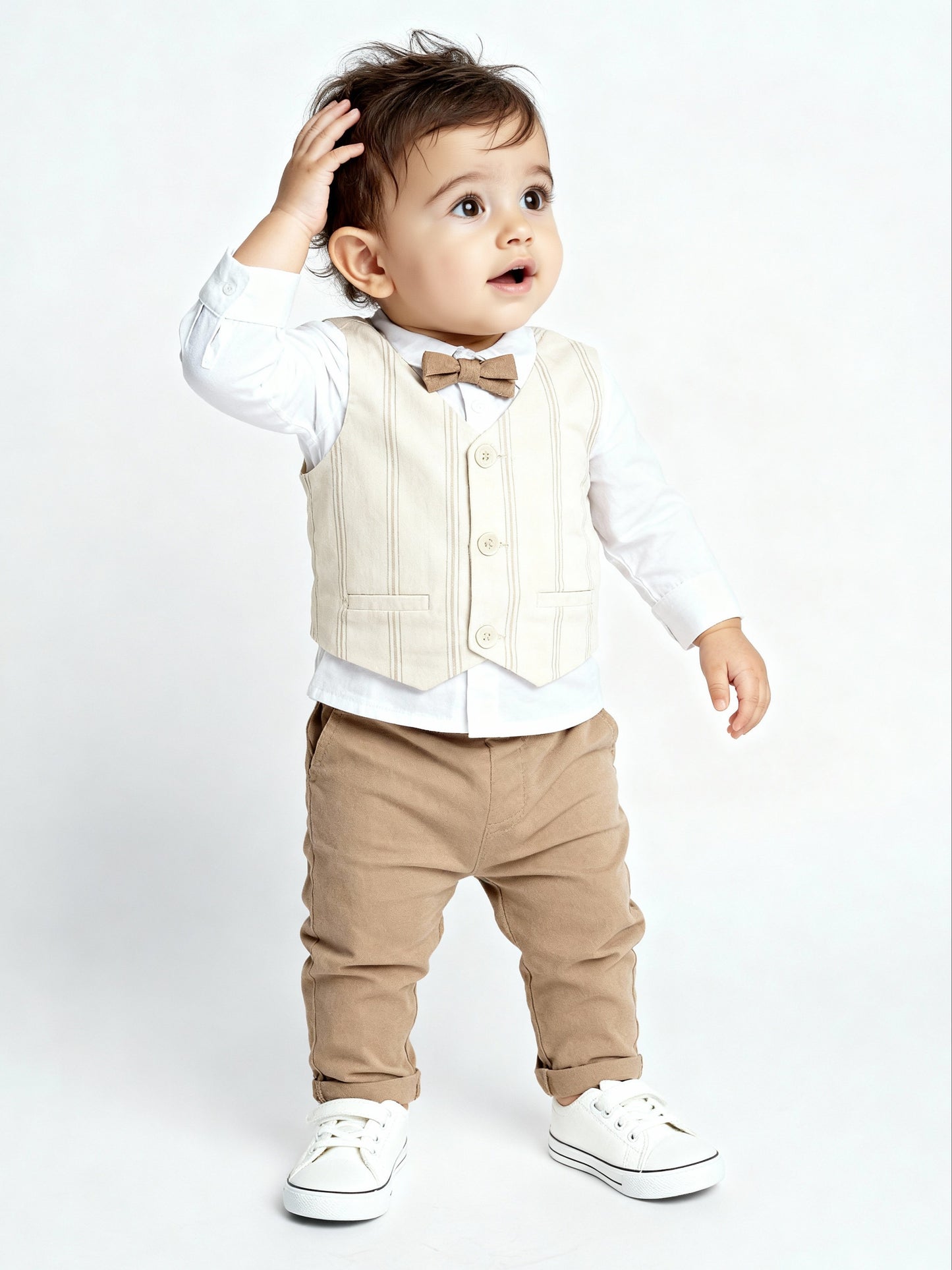HOP Baby Boys Beige Striped Cotton Waistcoat, Shirt, Trousers and Bow Set