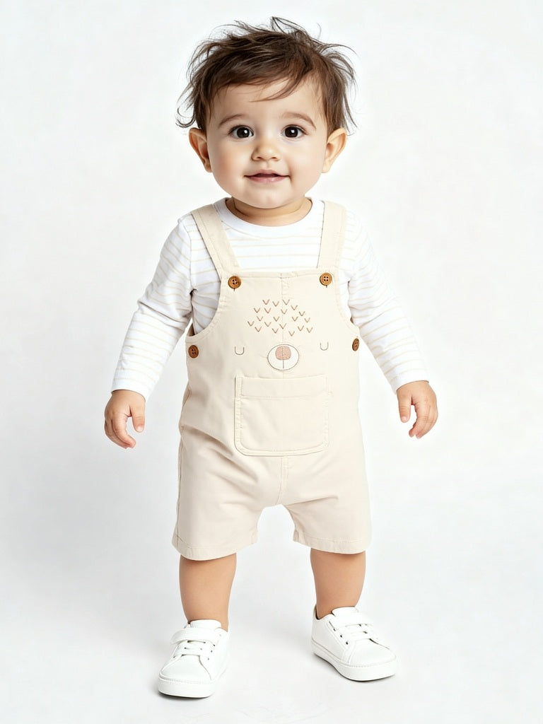 HOP Baby Boys Beige Corduroy Cotton Dungaree with T-Shirt Set