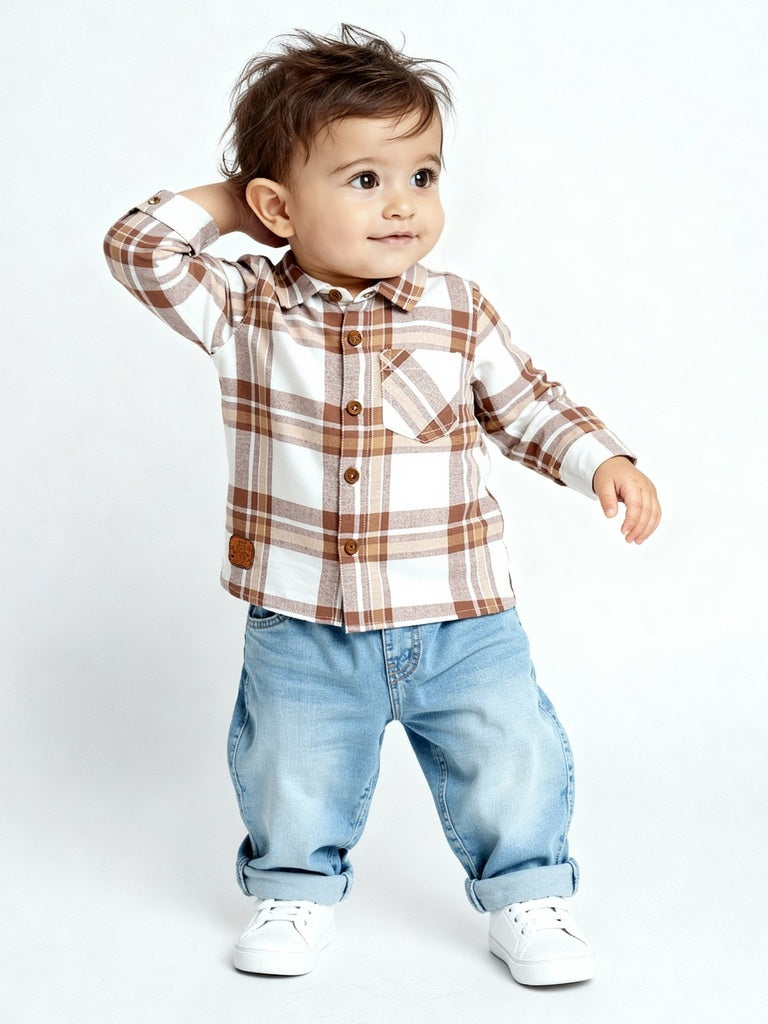 HOP Baby Boys Brown Checks Design Cotton Shirt