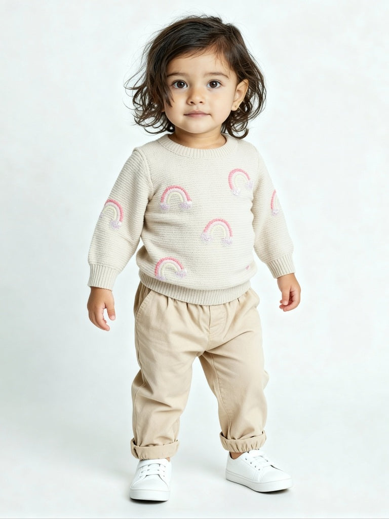 HOP Baby Girls Beige Rainbow Design Cotton Sweater