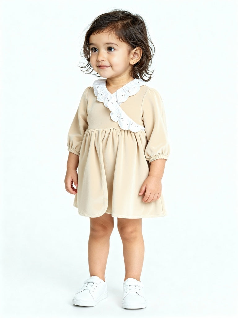HOP Baby Girls Beige Schiffli Detailed Cotton-Blend A-Line Dress