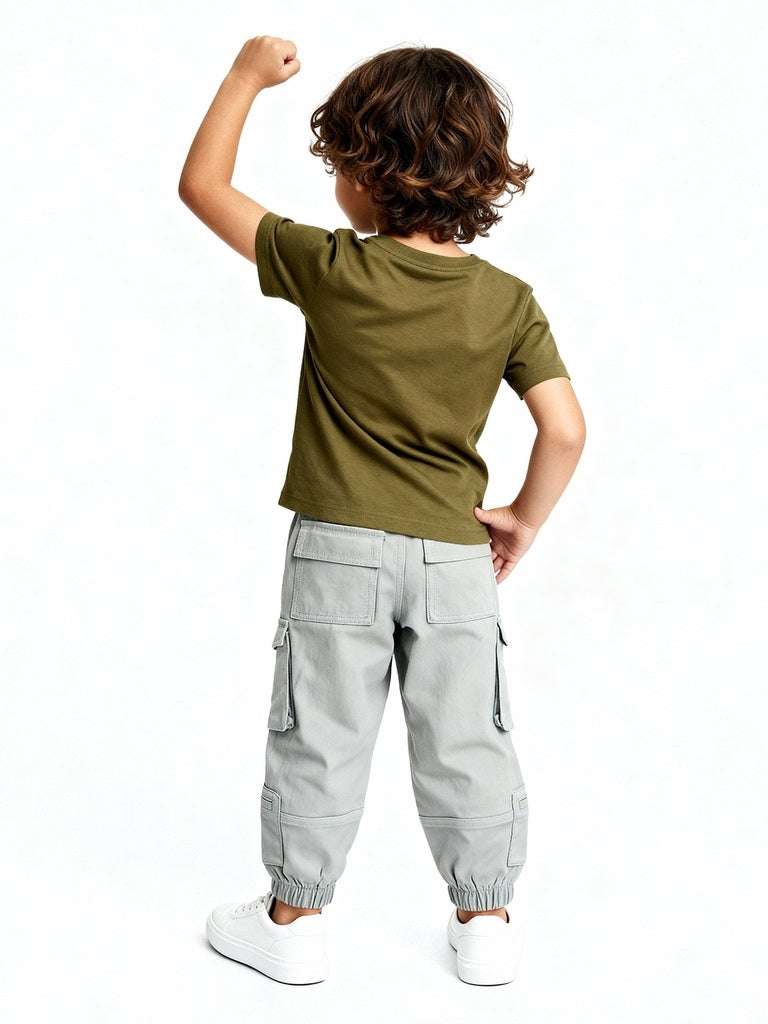 HOP Kids Boys Taupe Mid-Rise Cotton-Blend Cargo Joggers