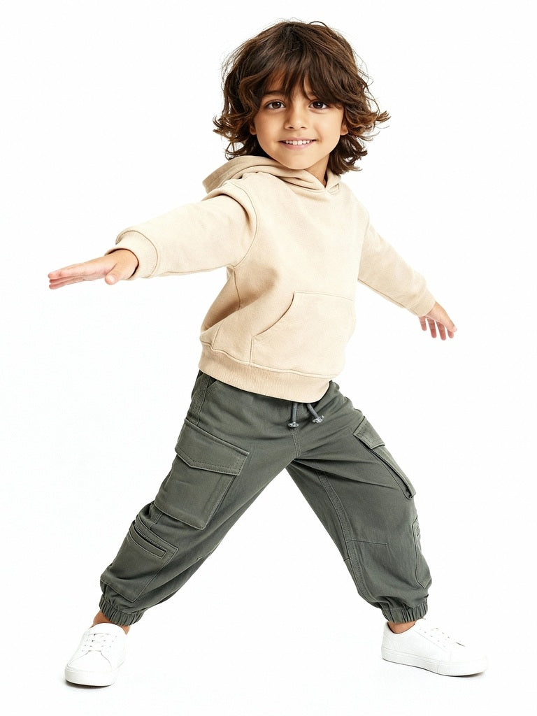 HOP Kids Boys Olive Solid Mid-Rise Cotton-Blend Joggers
