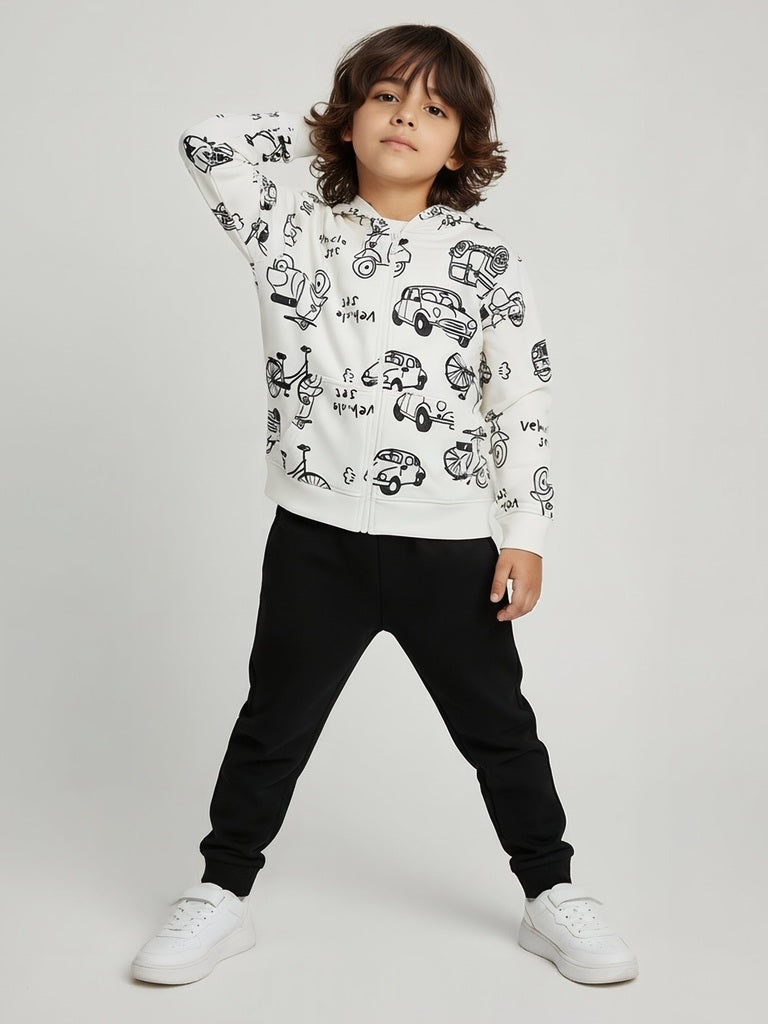 HOP Kids Boys White Printed Cotton-Blend Hooded Jacket