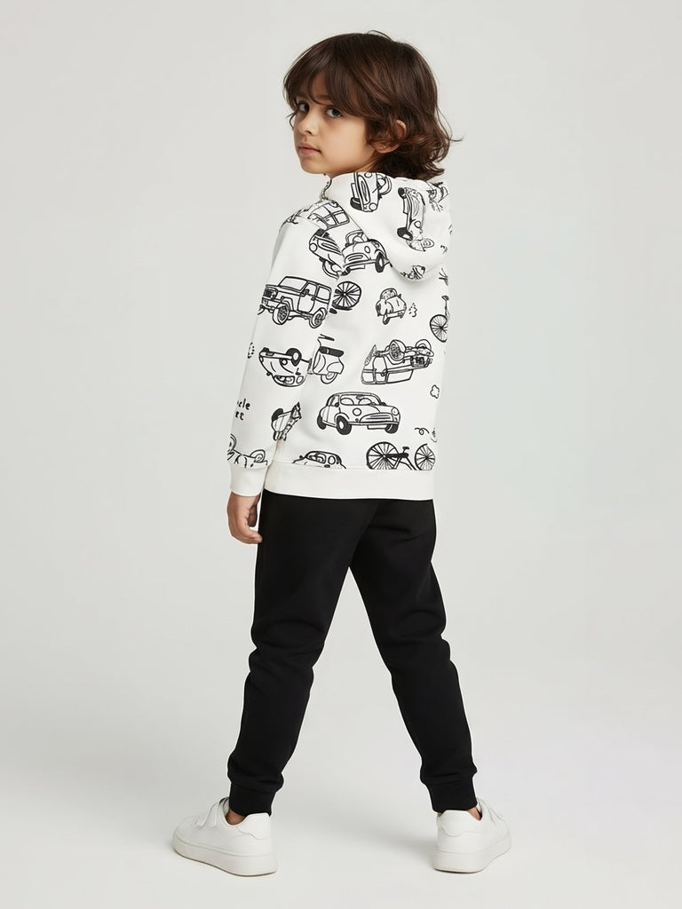 HOP Kids Boys White Printed Cotton-Blend Hooded Jacket