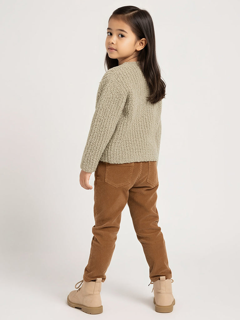 HOP Kids Girls Beige Floral Detailed Fleece Cardigan