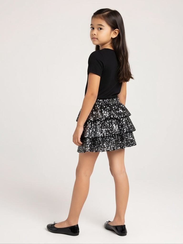 HOP Kids Girls Black Sequin Embellished High-Rise Tiered Skirt