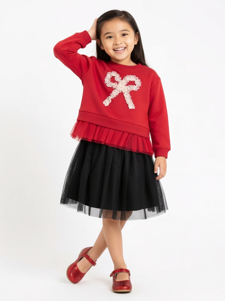 HOP Kids Girls Red Bow Design Cotton-Blend Sweatshirt