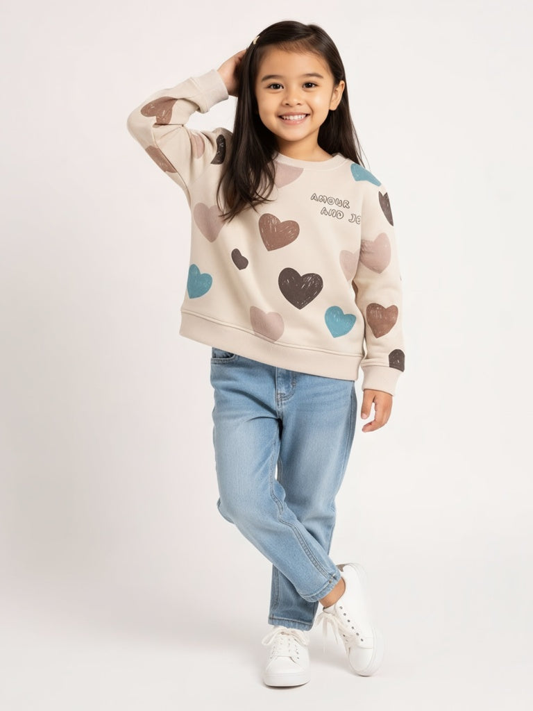 HOP Kids Girls Beige Heart Printed Cotton-Blend Sweatshirt