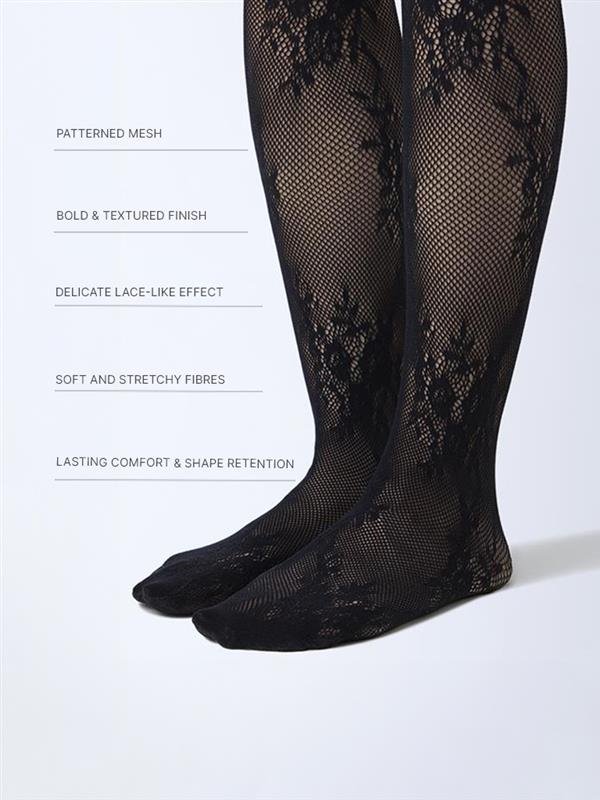 Superstar Black Floral Lace Detailed Fishnet Stockings