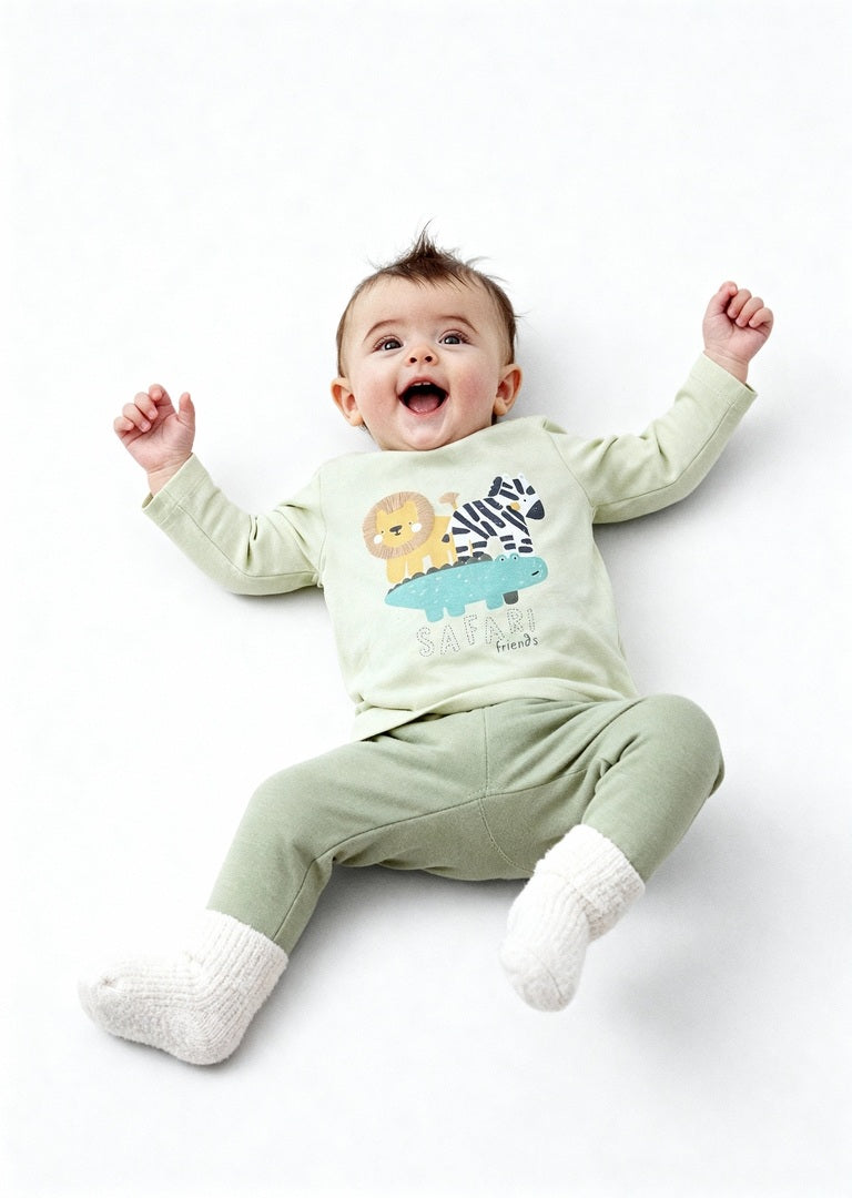 HOP Baby Boys Sage Animal Design Cotton T-Shirt with Pants Set