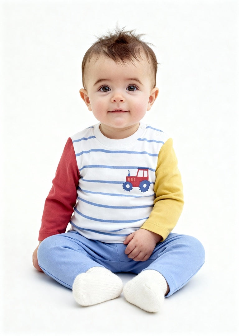 HOP Baby Boys Multicolour Striped Cotton T-Shirt with Pants Set