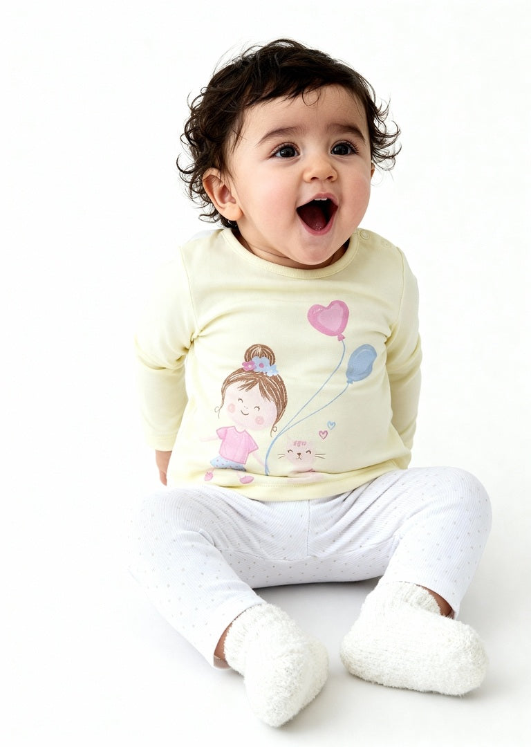 HOP Baby Girls Yellow Printed Cotton T-Shirt with Pants Set