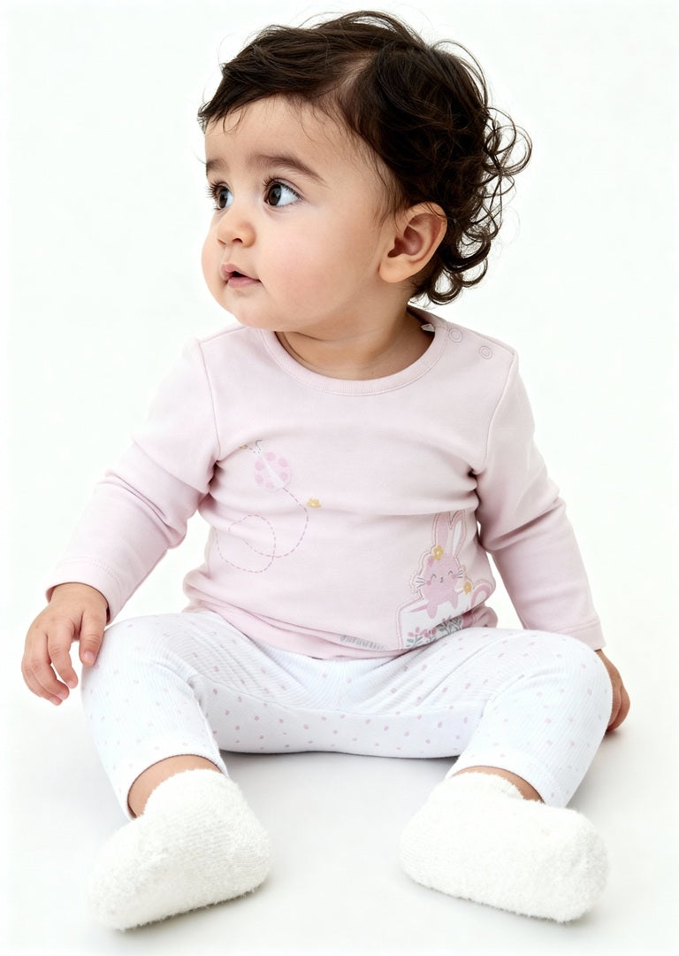HOP Baby Girls Pink Printed Cotton T-Shirt with Pants Set