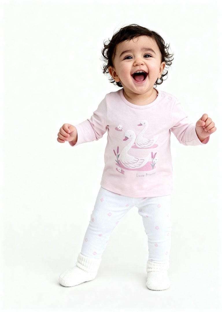 HOP Baby Girls Pink Swan Design Cotton T-Shirt with Pants Set