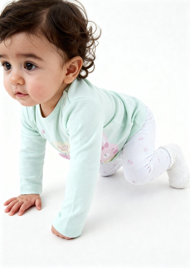 HOP Baby Girls Mint Printed Cotton T-Shirt with Pants Set