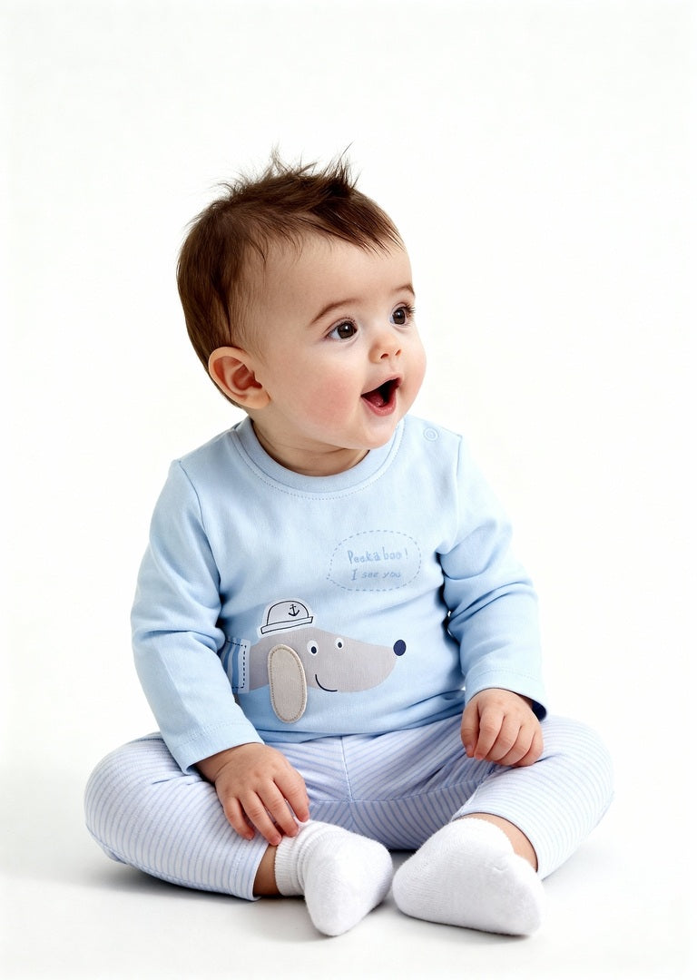 HOP Baby Boys Blue Animal Pattern Cotton T-Shirt with Pants Set