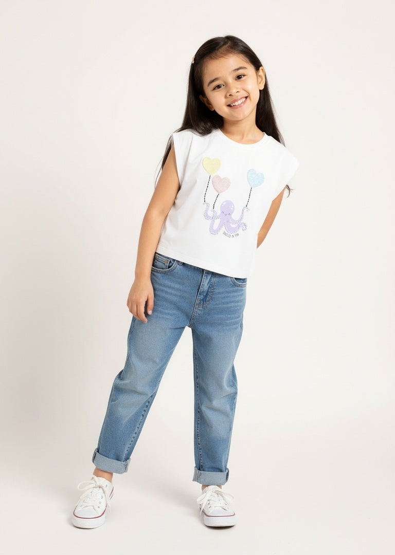 HOP Kids Girls White Printed Cotton Top