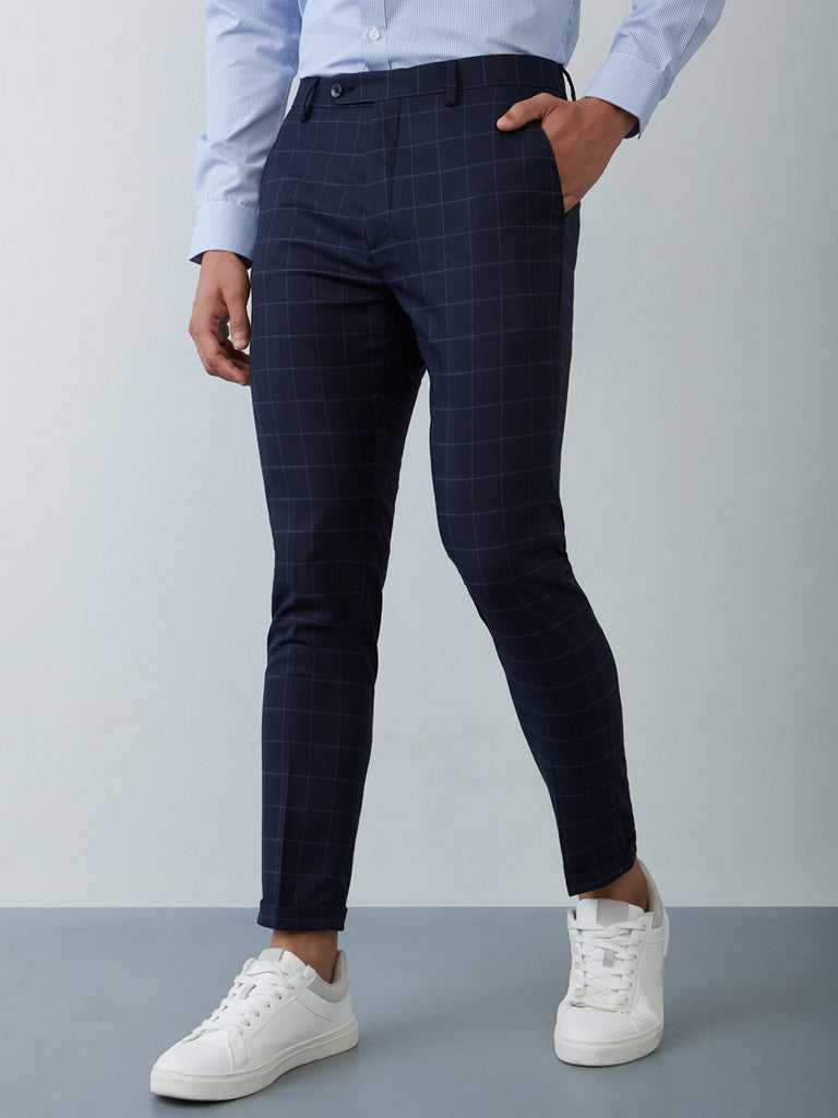 Buy Jack  Jones Men Navy Blue  White Slim Fit Checked Formal Trousers   Trousers for Men 10368449  Myntra