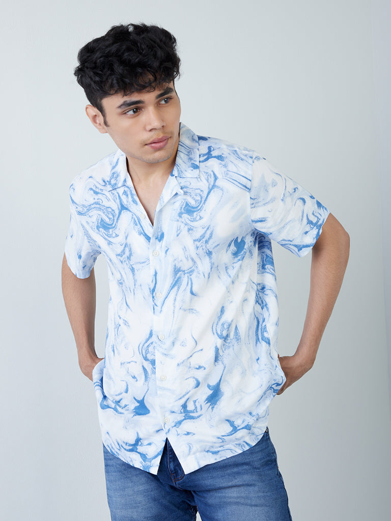 Nuon Blue Marble Print Relaxed-Fit Shirt front view