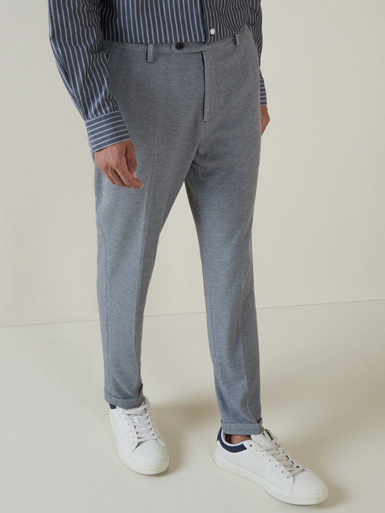 WES Formals Grey Melange Slim-Fit Mid-Rise Trousers