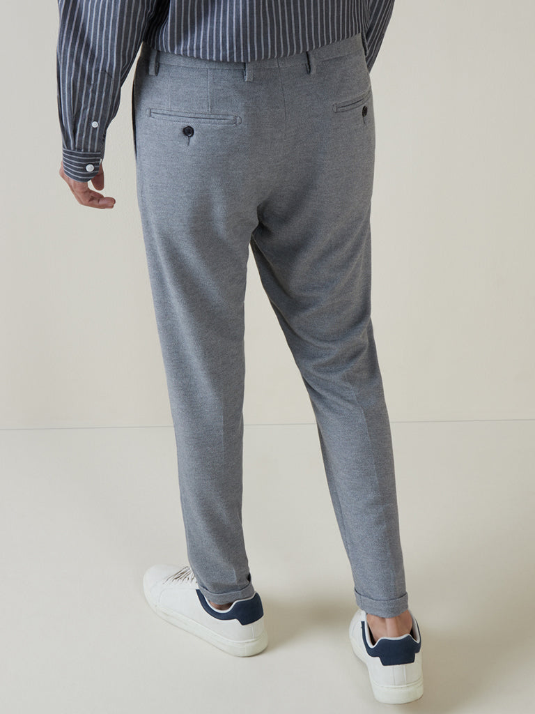 WES Formals Grey Melange Slim-Fit Mid-Rise Trousers