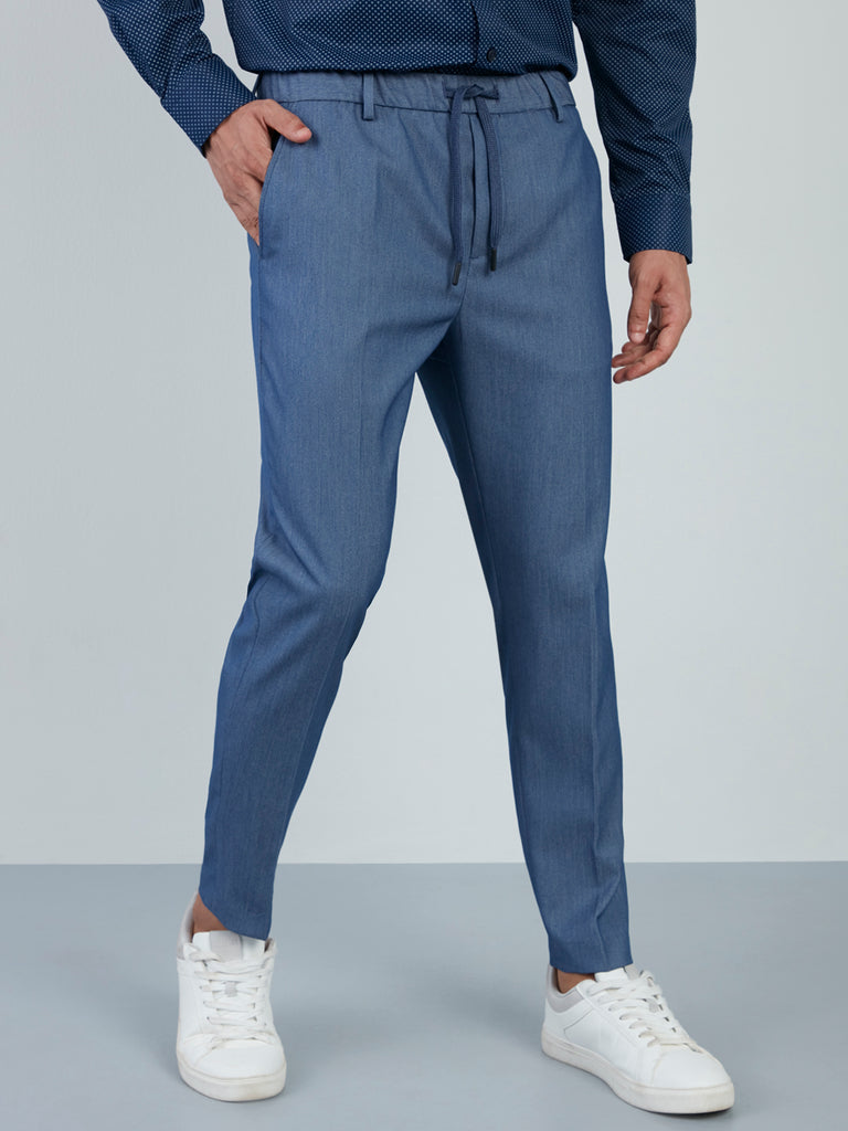 Shop WES Formals Blue CarrotFit Trousers Online  Westside