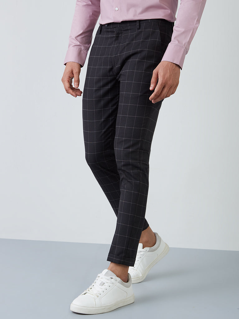 WES Formals Black Checkered Slim-Fit Mid-Rise Trousers