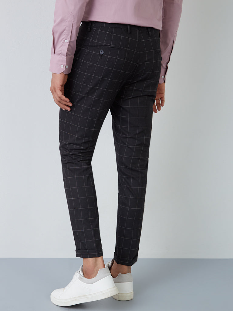 WES Formals Black Checkered Slim-Fit Mid-Rise Trousers